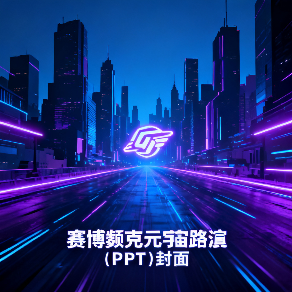 赛博朋克风格元宇宙路演PPT封面，霓虹灯光与城市剪影，高对比度蓝色与紫色调，城市街道延伸至远处，中心位置有发光logo