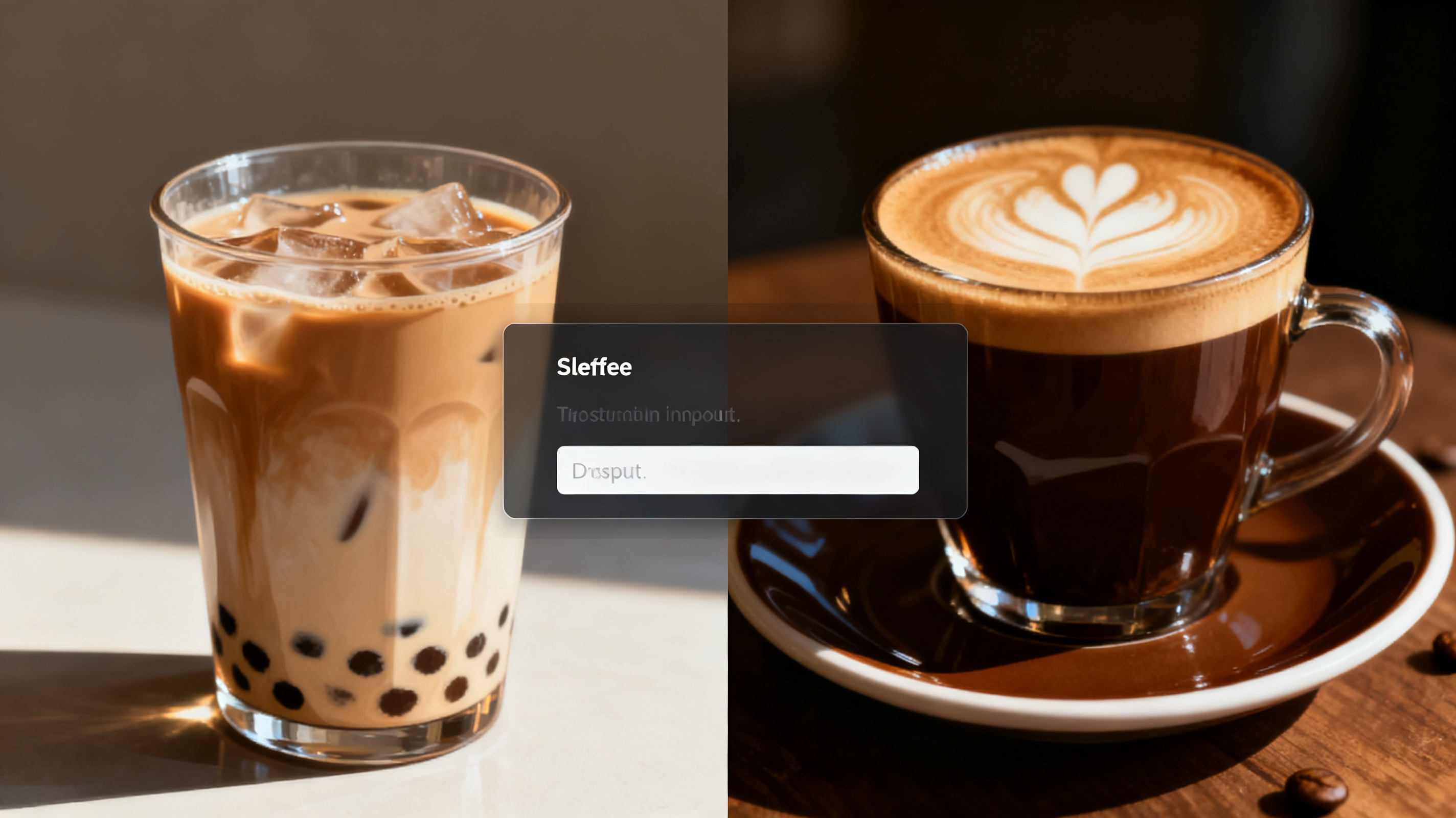 局部重绘示意图,左侧为一杯奶茶,右侧为同一位置替换为咖啡,光影风格完全融合,界面显示框选区域与指令输入框,UI设计简洁专业