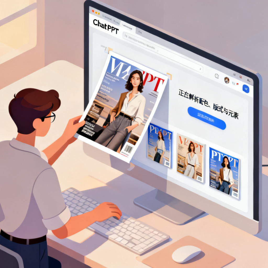 一位设计师将一本时尚杂志的跨页海报拖入 ChatPPT 网页界面,界面右侧实时显示“正在解析配色、版式与元素”,下方浮出三套风格一致的 PPT 封面缩略图;等距视角插画风格,柔和暖光照明,界面整洁,8K 细节,16:9 构图。