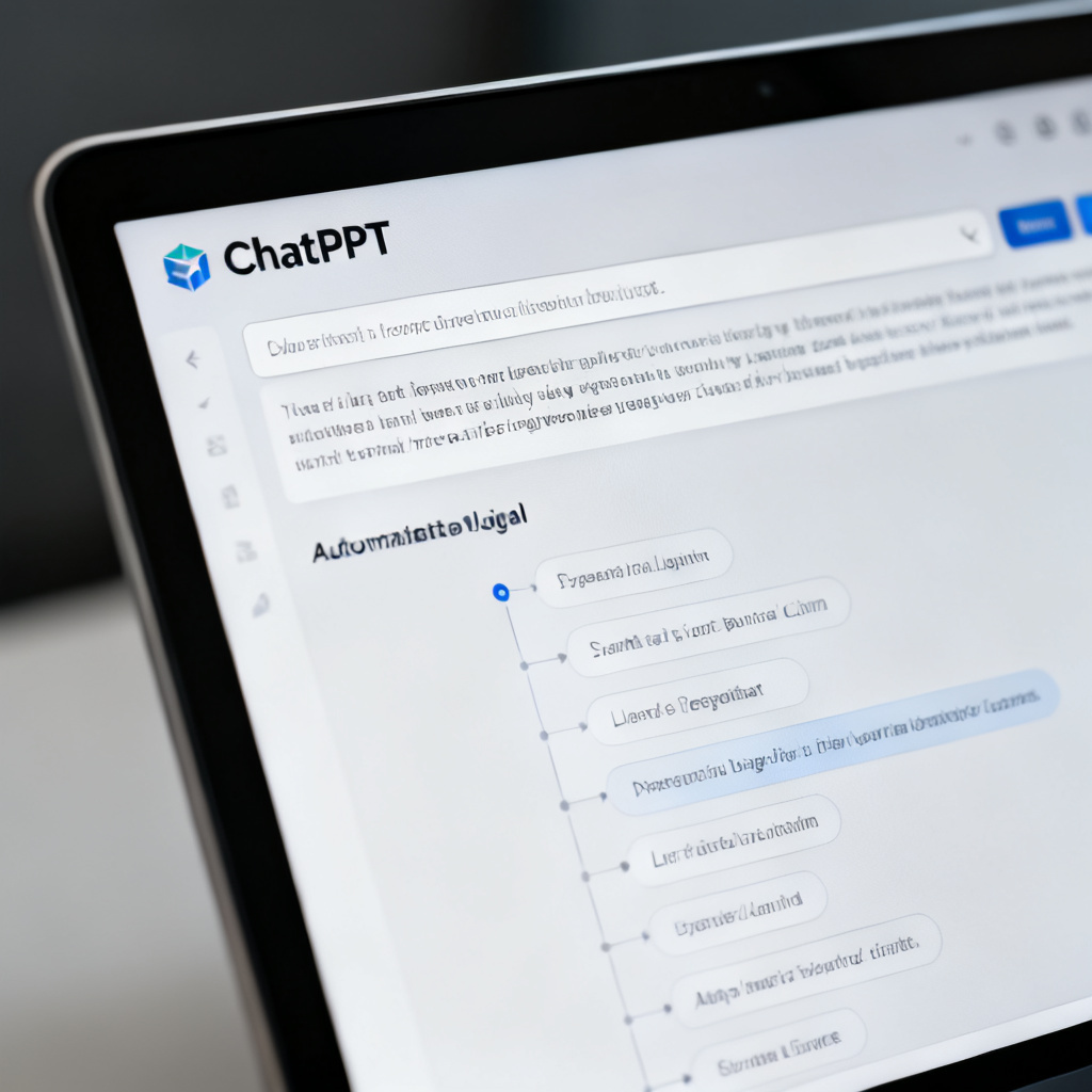 Close-up of a computer screen showing ChatPPT's interface, with a long text input field and an automatically generated logical outline for a presentation, modern UI design, clean and professional