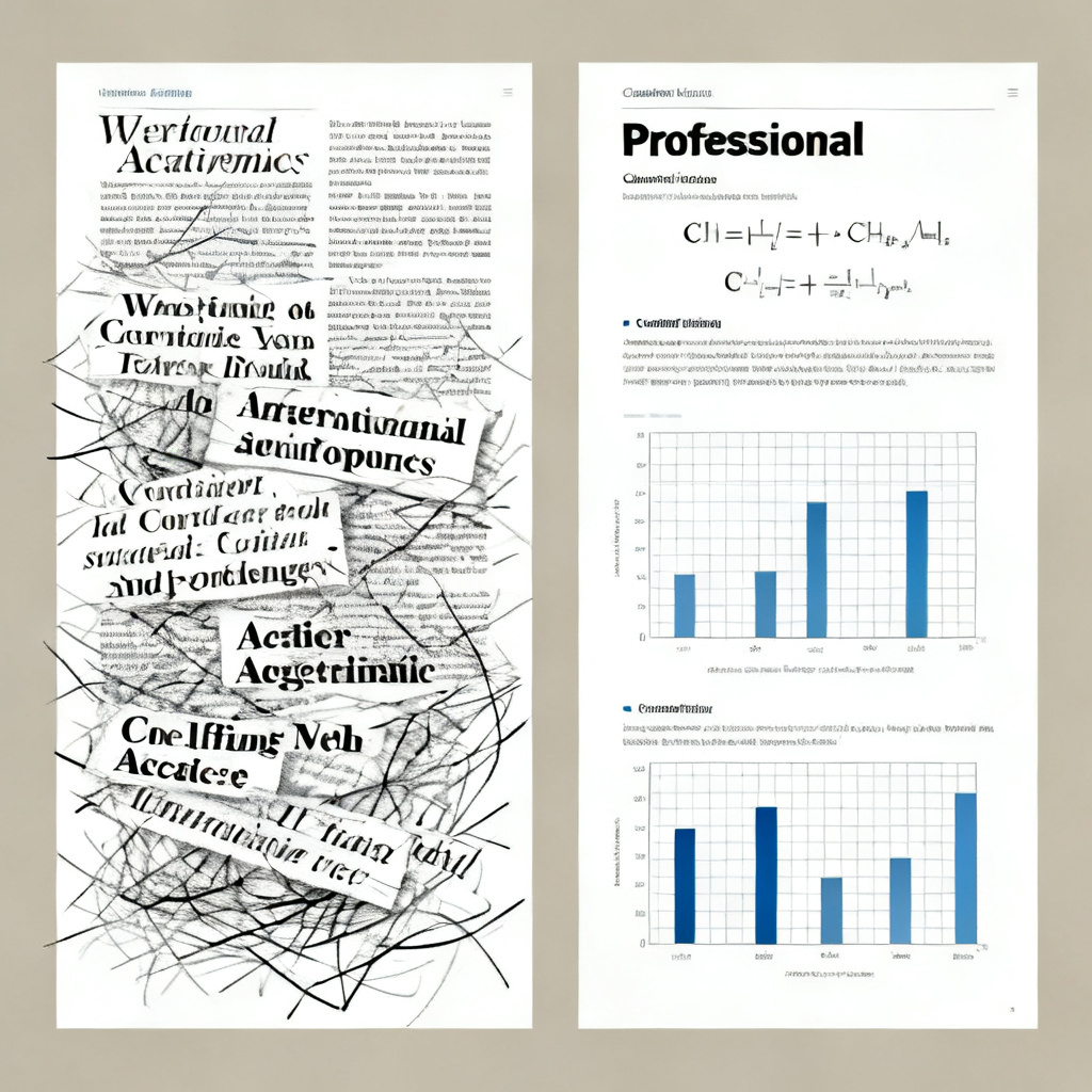 A split-screen comparison: left side shows a messy, disorganized academic slide with overlapping text and mismatched fonts; right side shows a clean, professional slide generated by ChatPPT with clear headings, well-aligned charts, and properly formatted chemical formulas