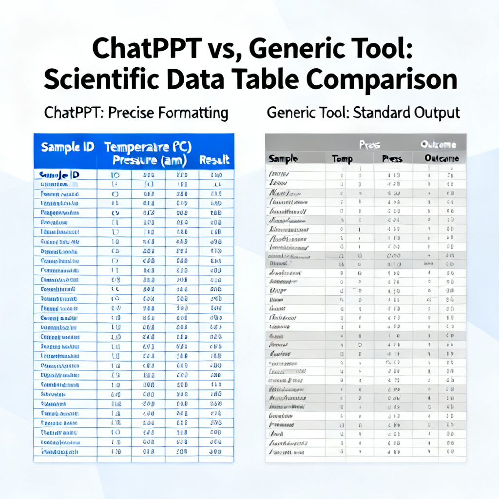 A side-by-side comparison of a scientific data table rendered in ChatPPT vs. a generic tool, highlighting ChatPPT's precise formatting and clear labels