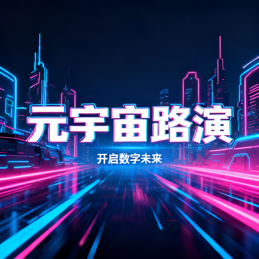 赛博朋克风格的元宇宙路演PPT封面，霓虹灯光，未来城市轮廓，动态光效，科技感字体