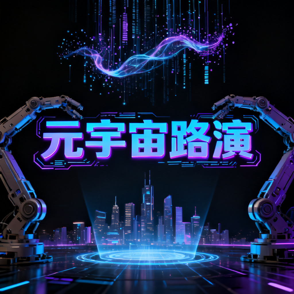 赛博朋克风格元宇宙路演PPT封面，主色调为霓虹蓝紫与暗黑背景，包含全息投影的城市天际线、悬浮的数据流粒子、机械臂文字排版，高细节渲染，电影级光影