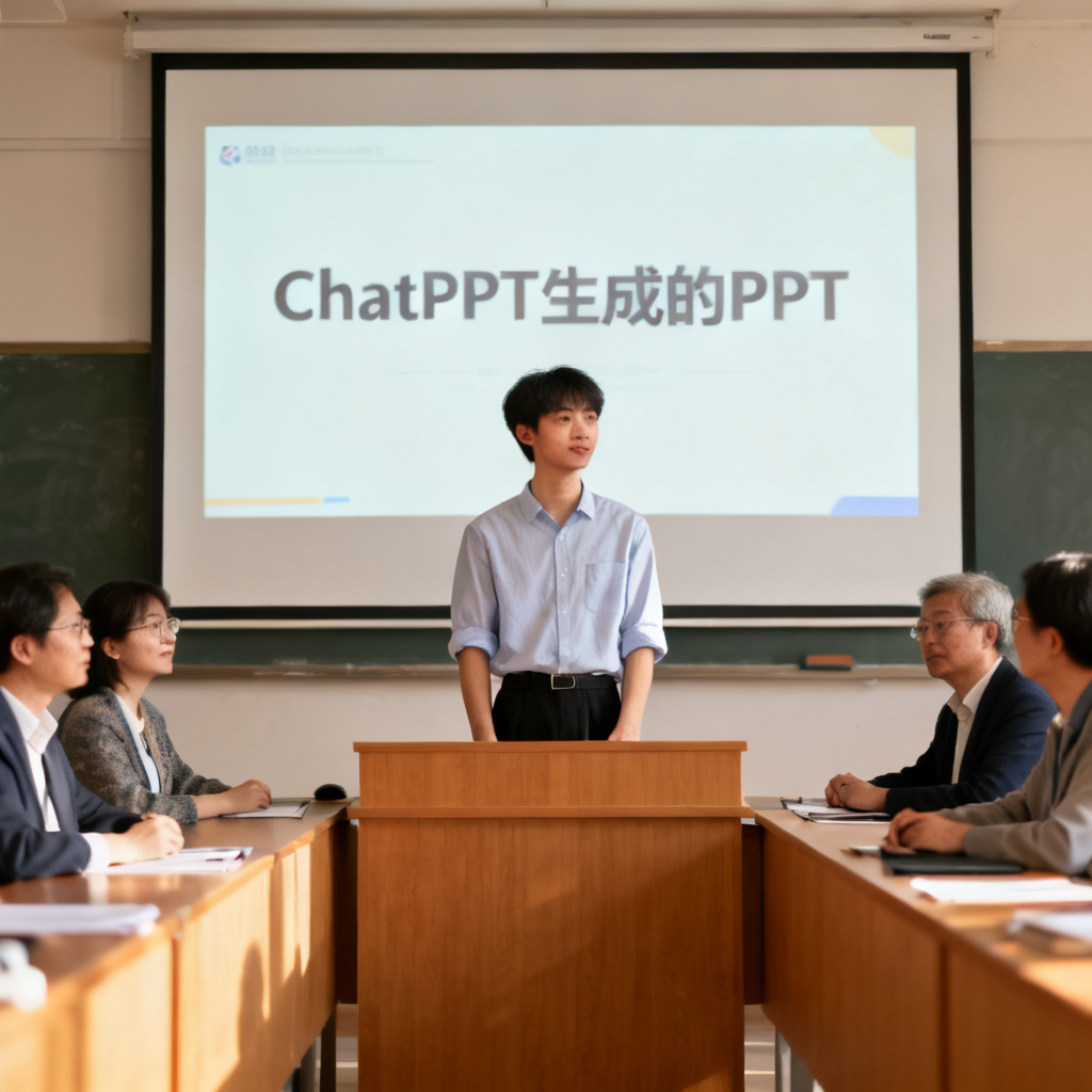 一位学生自信地站在答辩台上,背后投影仪显示ChatPPT生成的PPT,台下评委表情专注,场景明亮,体现成功答辩的氛围。