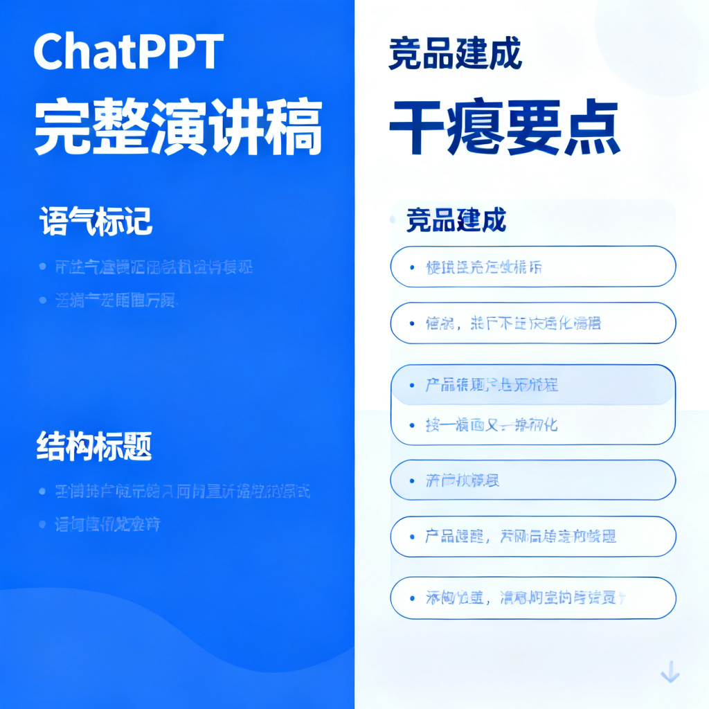 一张对比图表,左侧是ChatPPT生成的完整演讲稿(带有语气标记和结构标题),右侧是竞品生成的干瘪要点,风格扁平化,信息图表清晰