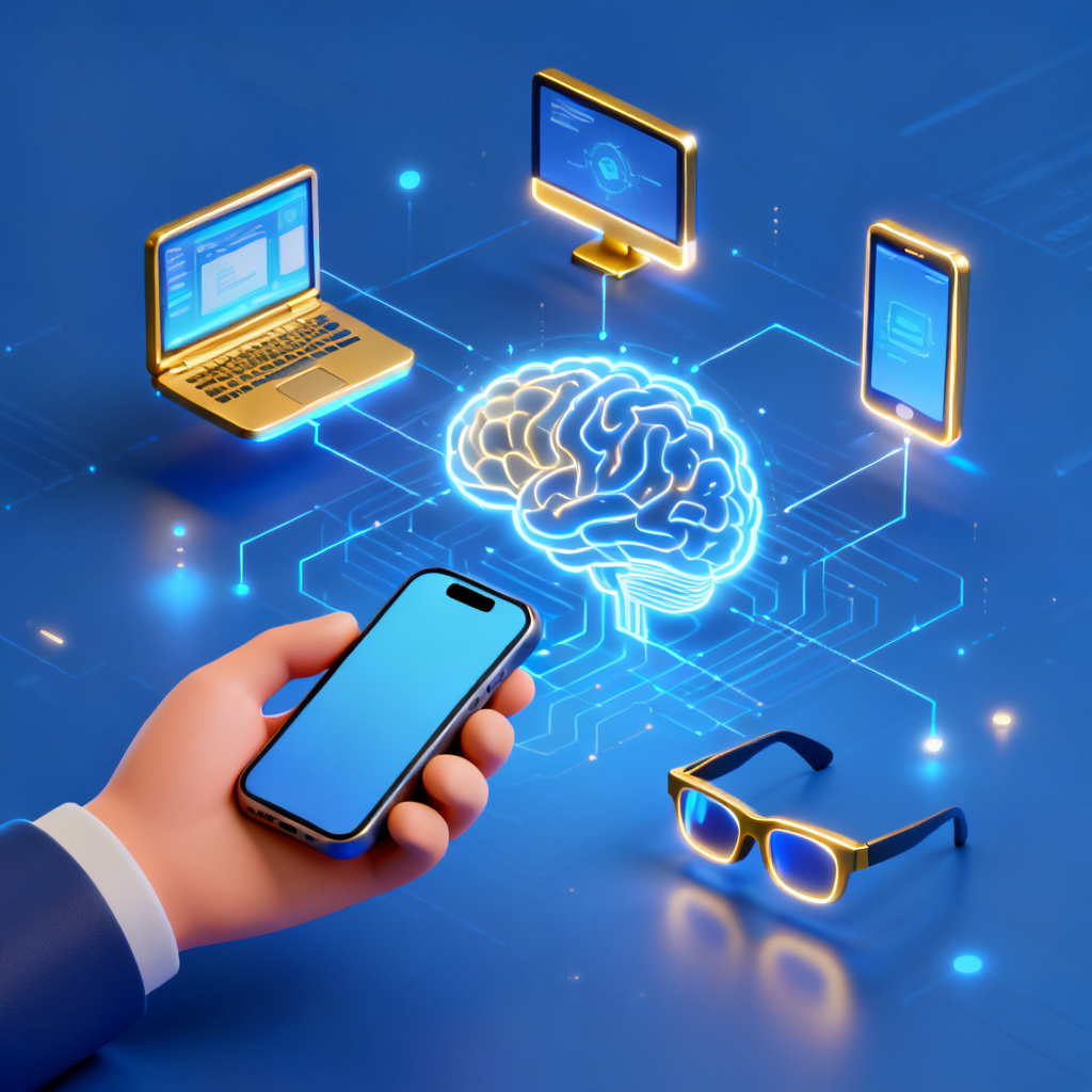 An isometric 3D illustration of a human hand holding a smartphone, surrounded by floating glowing icons representing various office terminals (laptop, desktop, tablet, AR glasses), all connected by a central brain-shaped neural network interface, symbolizing the full-process AI service capability and seamless multi-terminal synchronization of ChatPPT, vibrant blue and gold color scheme, futuristic tech aesthetic