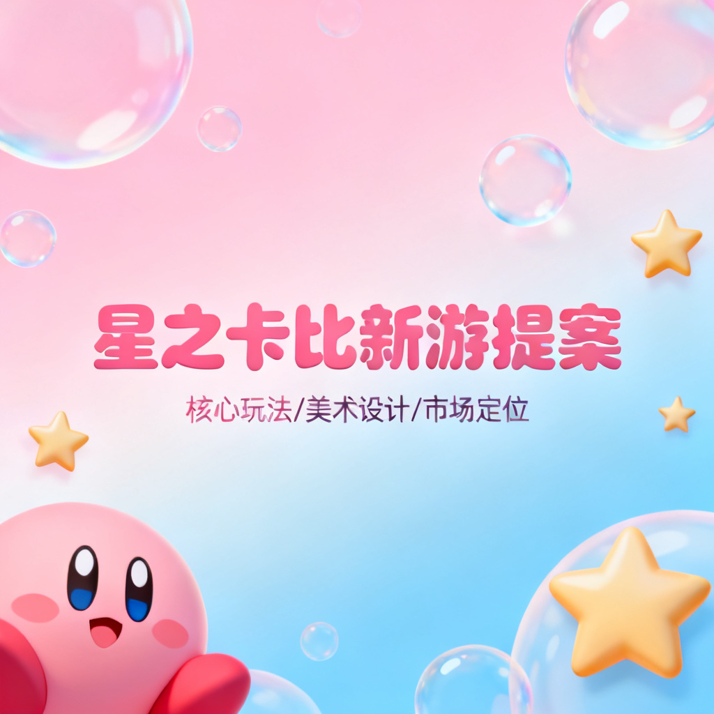 星之卡比风格游戏提案PPT，粉色与蓝色渐变，圆润卡通元素，气泡，星星，可爱风