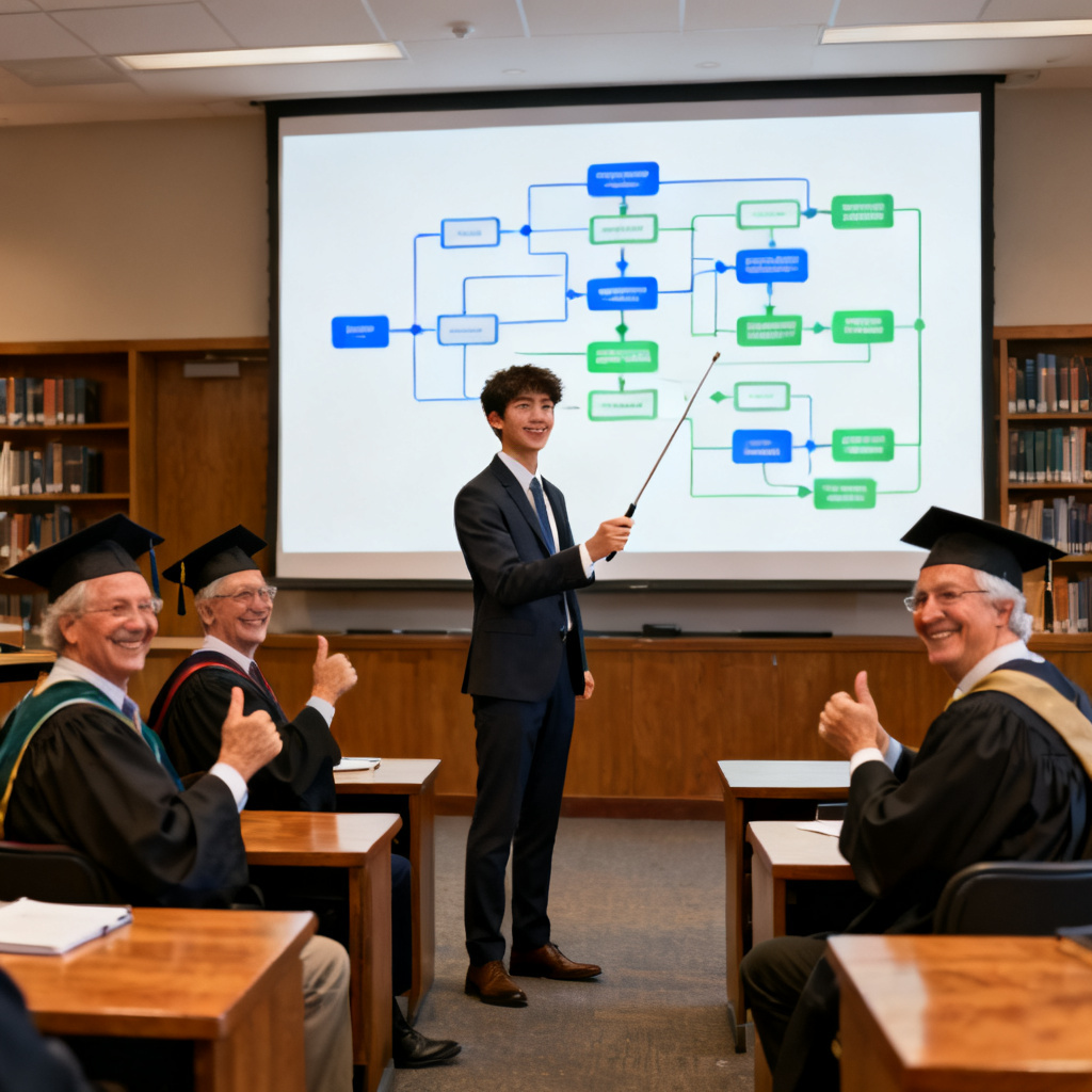 A student confidently presenting in a conference room, with a slide showing a complex flowchart, while professors nod in approval, indicating a successful defense