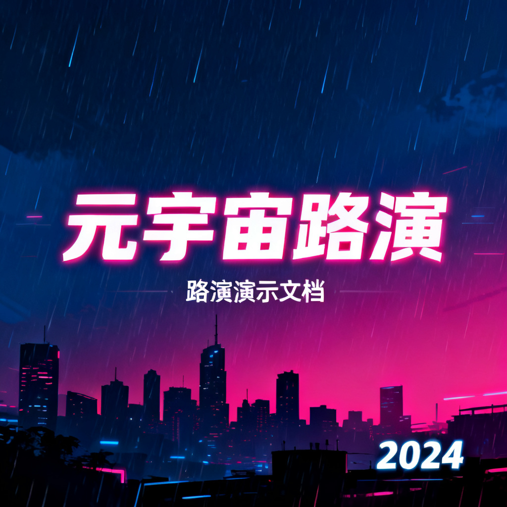赛博朋克风格的元宇宙路演演示文档封面，霓虹灯光，雨夜都市剪影，深蓝与品红渐变配色